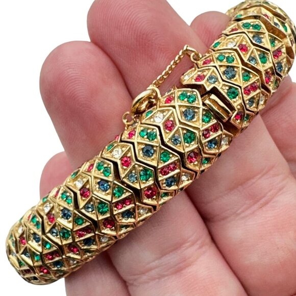 Vintage Ciner Womens Bracelet Mogul Red Green Blue Rhinestone Gold Tone Designer